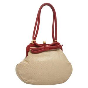 CHANEL Hand Bag Leather Beige Red gold CC Auth